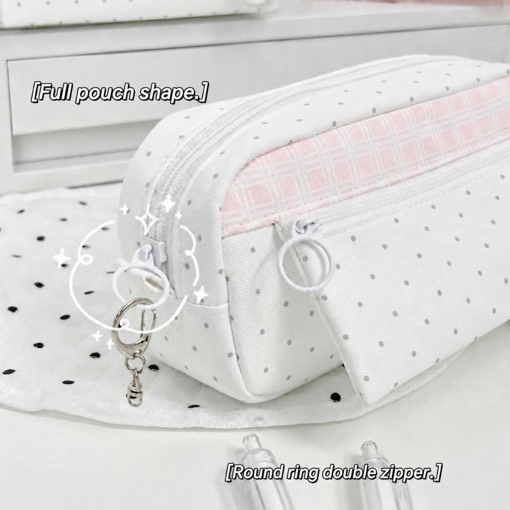 Aesthetic Large Pencil Case Pouch - おしゃれな水玉格子柄ペンケース 大容量ポータブルペンポーチ 文房具バッグ 学生向け