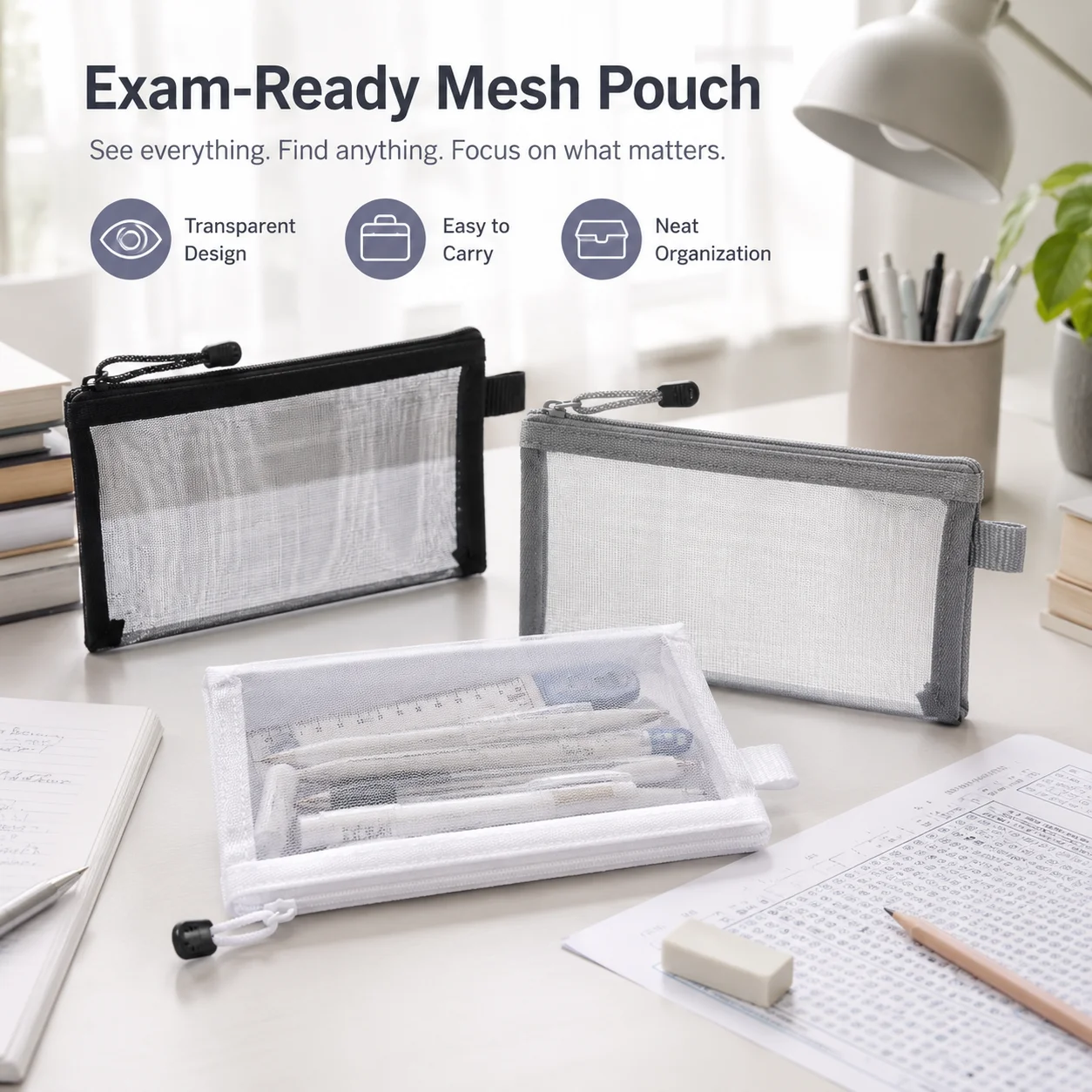 透明メッシュペンケース クリアジッパーペンバッグ 試験用文具 - Clear Mesh Pencil Pouch For Exam のレビューと価格