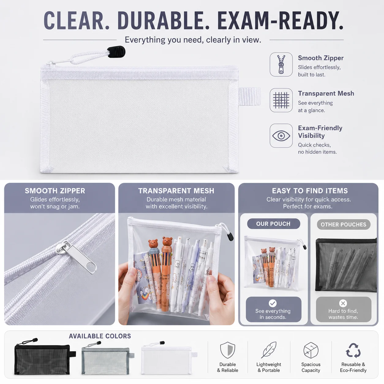 透明メッシュペンケース クリアジッパーペンバッグ 試験用文具 - Clear Mesh Pencil Pouch For Exam のレビューと価格