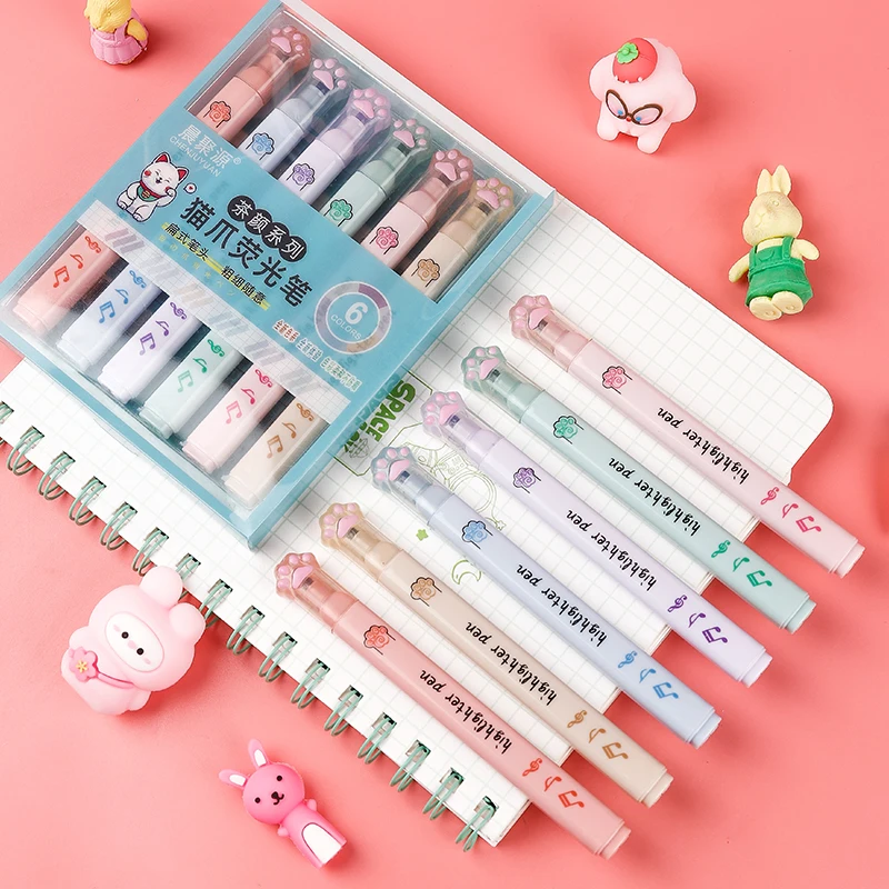 6 ピース/パックかわいい猫の爪パステルカラー蛍光ペン描画ア - Pastel Highlighter Set Double Ended のレビューと価格