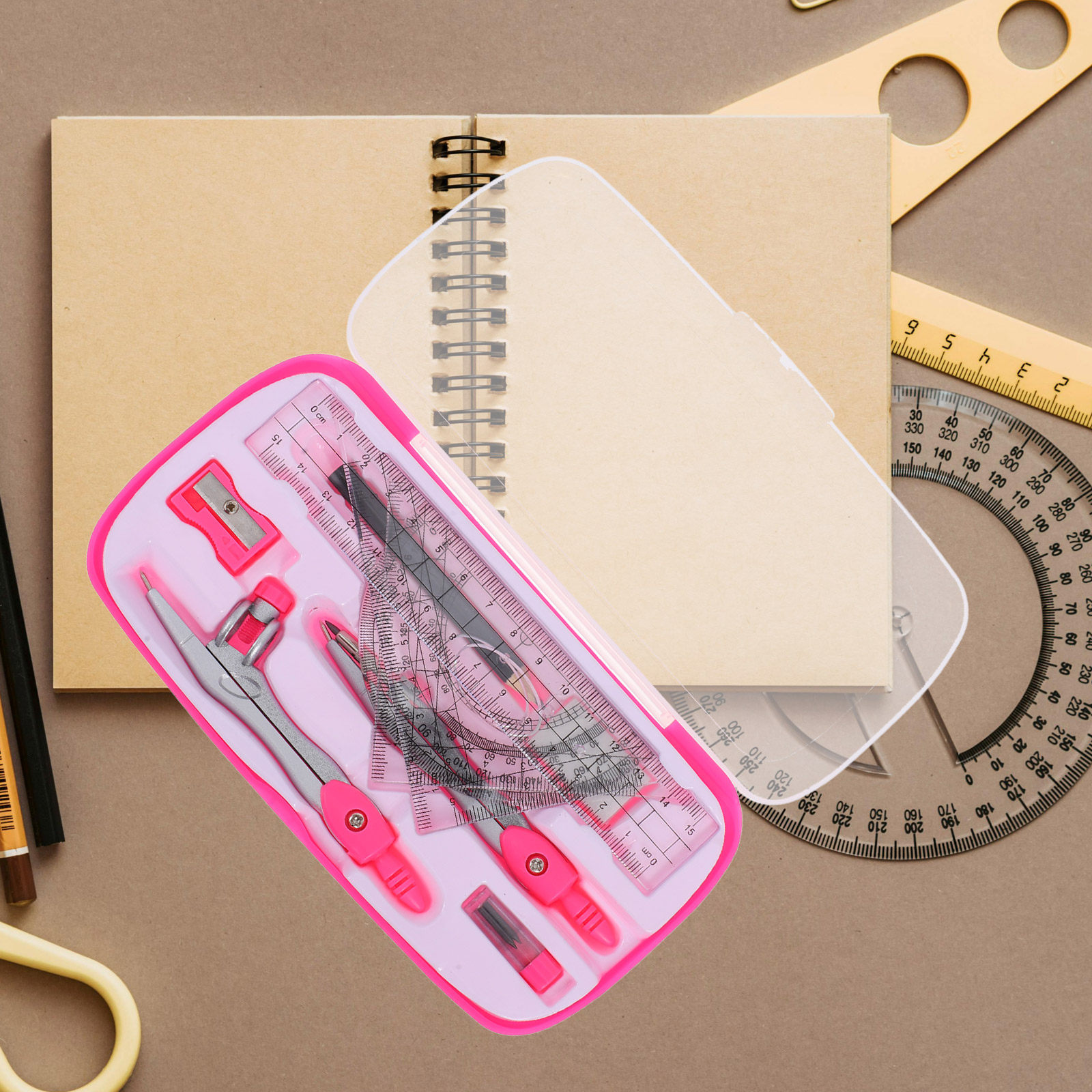 1セットの軽量ポータブルコンパスセット、数学用分度器定規付き - Math Geometry Set With Compass のレビューと価格
