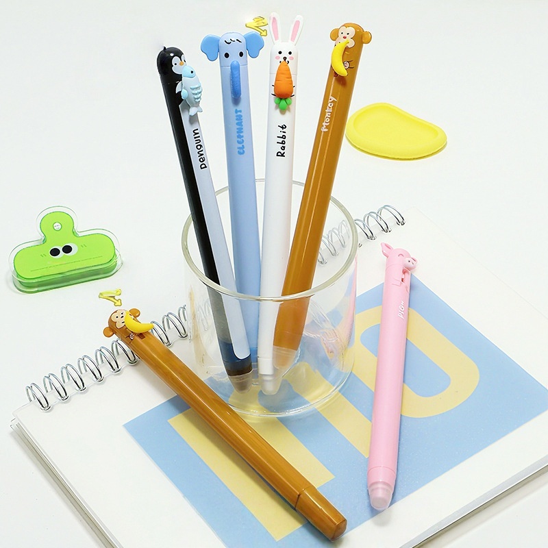 6本セットのかわいい漫画動物柄の繰り出し式消せるゲルペン、滑 - Retractable Eraser Pen Click のレビューと価格